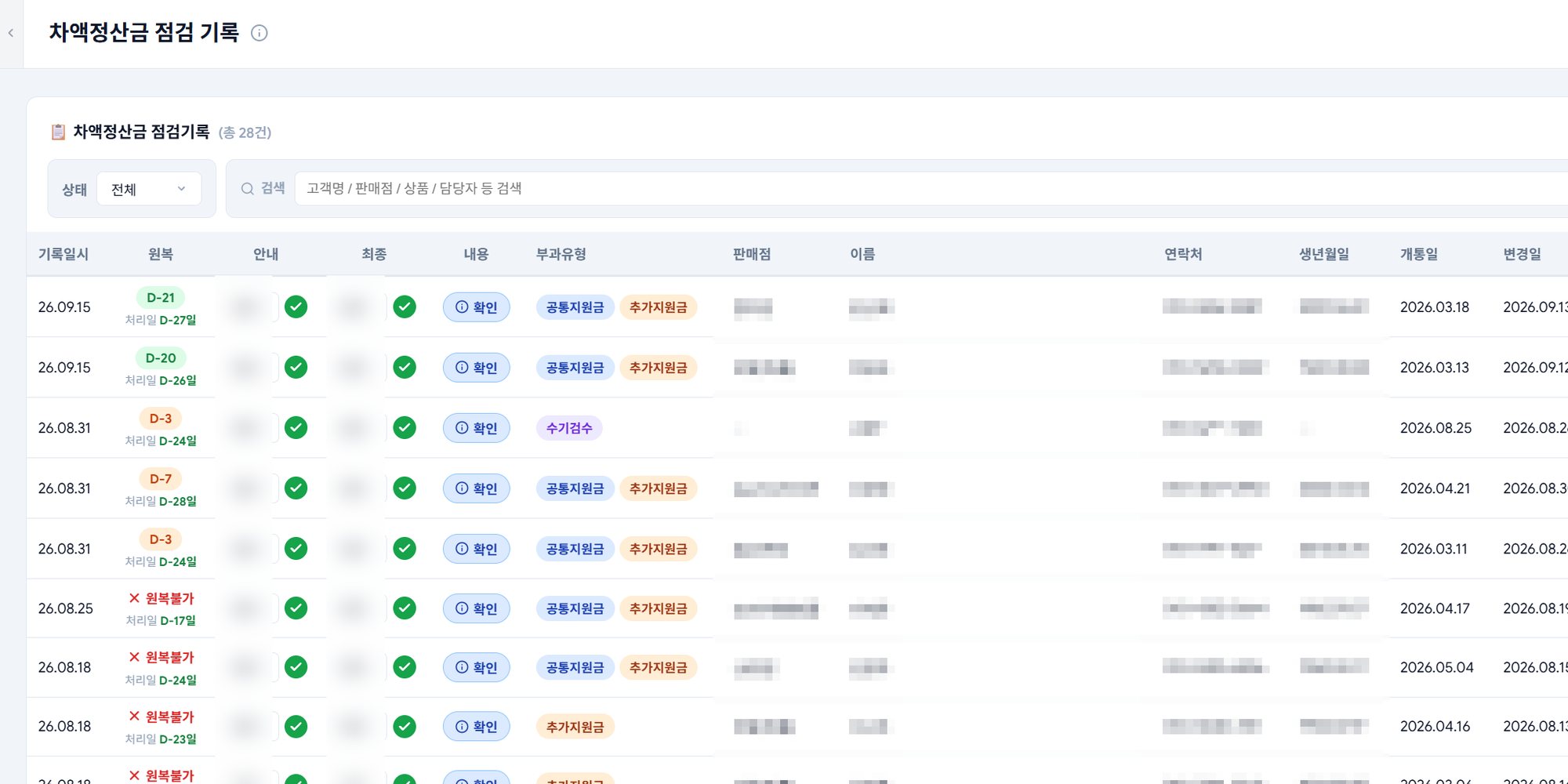 차액정산금 점검 기록 화면