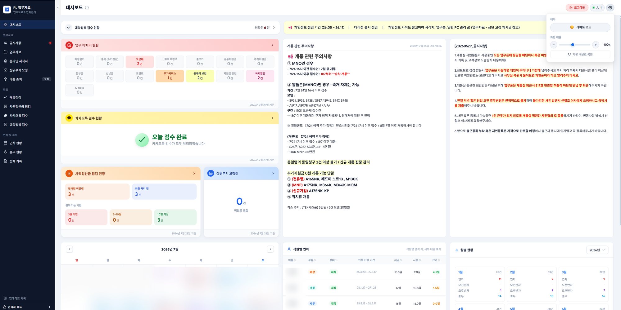 업무 시스템 대시보드 화면